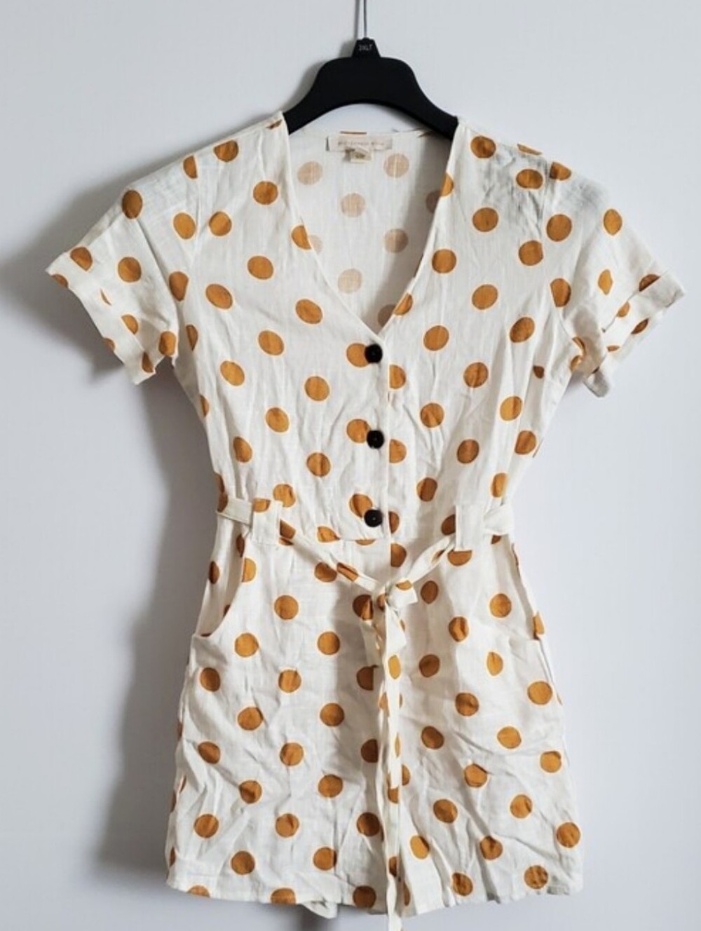 Monteau LA Cream Romper Shorts Linen Blend Mustard Yellow Polka Dot Waist Tie